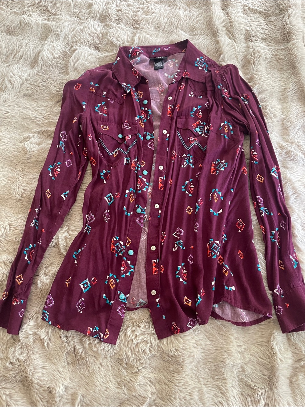 Womens Burgundy Printed Button-Down Shirt